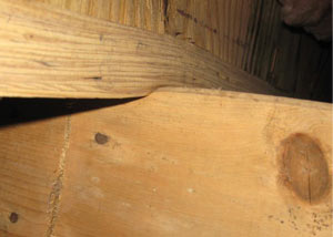 A failing girder showing signs of compression damage in a Mississippi & Louisiana home